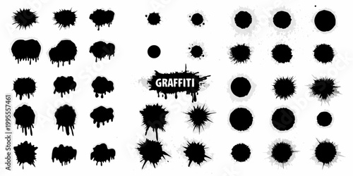 Collection of black spray paint splatters and a graffiti text element