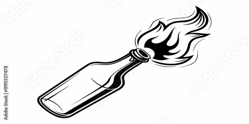 A black and white illustration of a molotov cocktail with flames