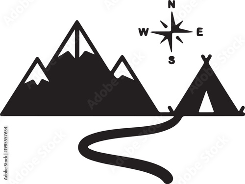 Minimalist black and white pictogram featuring snowy mountains, a cozy teepee tent, a winding path, and a classic compass rose for adventure.