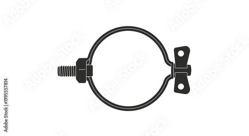 A black and white illustration of a hose clamp with a bolt