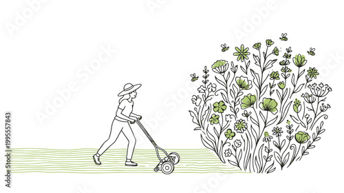Person mowing lawn near abundant wildflowers isolated on transparent background
