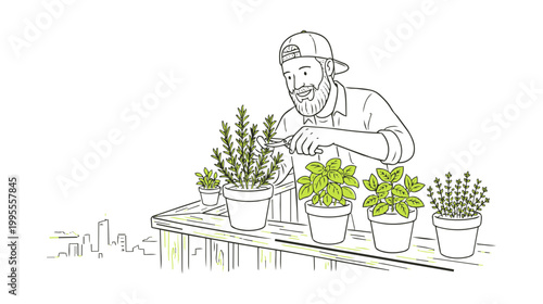 Man trimming potted herbs on a balcony with city skyline illustration isolated on transparent background