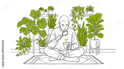 Person examining a small plant with a magnifying glass surrounded by lush houseplants isolated on transparent background