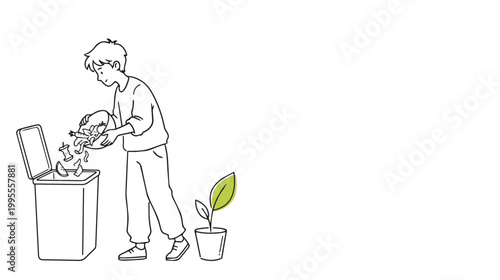 Person is sorting waste into a bin next to a potted plant with a green leaf isolated on a transparent background