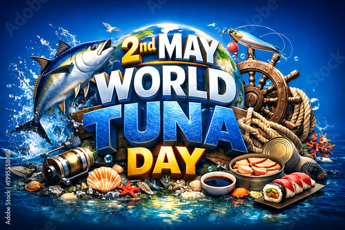 A vibrant illustration celebrating World Tuna Day on May 2nd with ocean elements