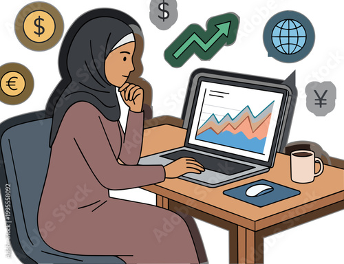 Woman analyzing financial data on laptop at office desk with charts