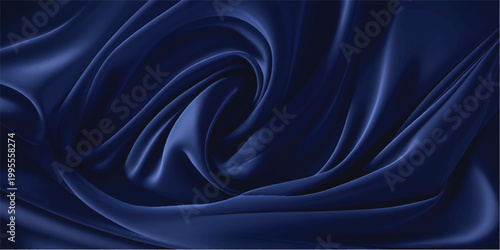 Dark blue fabric folds elegantly, creating a swirling, dramatic texture with deep shadows and subtle highlights