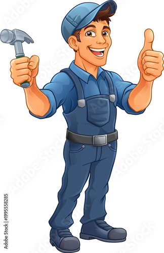 A handyman or carpenter cartoon construction man mascot character holding a hammer tool