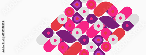 Abstract pattern features colorful shapes, circles, squares. Pink, purple hues dominate white background. Modern design element.