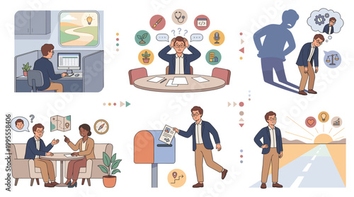 Mental health illustrations depict people coping with stress and anxiety