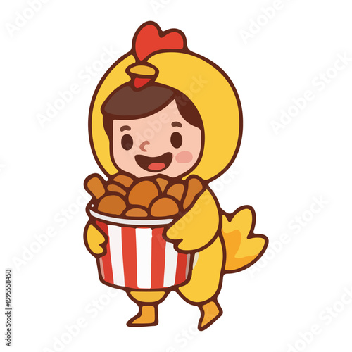 Cute Child in Chicken Costume with Fried Chicken