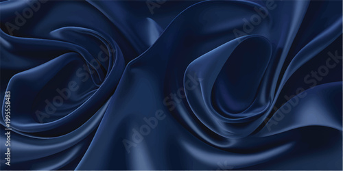 Smooth blue satin fabric with a rippled silk texture creates an elegant luxury backdrop featuring soft wavy curves and shiny material