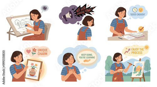 Woman practices coping therapy through painting and meditation for mental health wellness