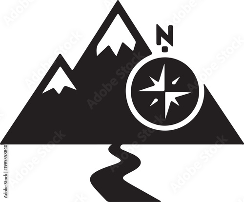 A black and white minimalist icon featuring a mountain range with snow caps, a winding path in front, and a compass symbol indicating north.