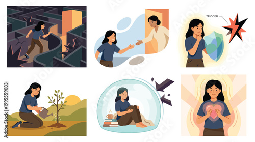 Woman finds stress coping mechanisms with therapy and support for mental health wellness