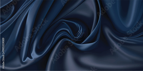 An elegant blue satin fabric background features smooth rippled waves of shiny silk material creating a luxury soft textile texture for a fashion backdrop or elegant drapery decoration