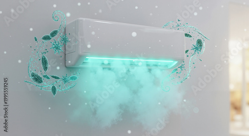 Air conditioner releasing cool mist with green decorative elements  