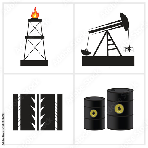 Oil Industry Four Element Vector Set,  Flaming Derrick Tower Pump Jack Tire Track and Crude Barrel Silhouette Illustration