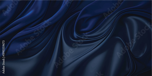 Smooth black satin fabric creates a luxurious silk textile background with elegant curves and soft waves of shiny material for a fashion backdrop