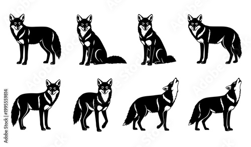 Photos Coyote silhouette vector set with standing sitting and howling wild animal poses