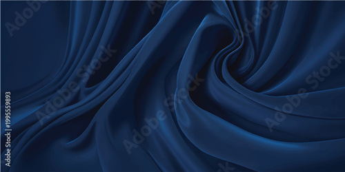 A smooth blue silk fabric backdrop features soft flowing waves and a luxury satin texture with light curves for a deep purple and blue textile design