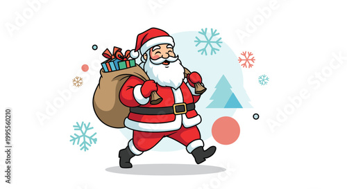 Jolly Santa Claus wearing a red suit and carrying a large brown sack full of Christmas gifts and walking happily.