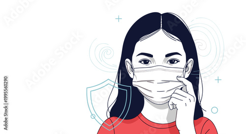 Young woman wearing a medical face mask for protection against air pollution and viruses with decorative shield and swirl icons.