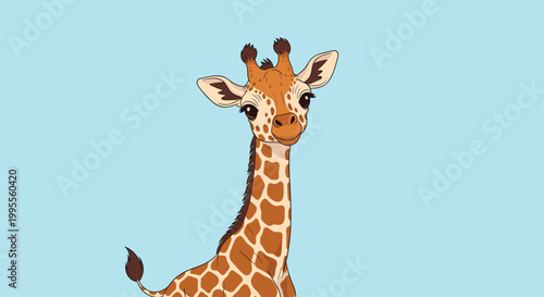 Close up portrait of a cute baby giraffe with big dark eyes and a gentle expression against a light blue background.