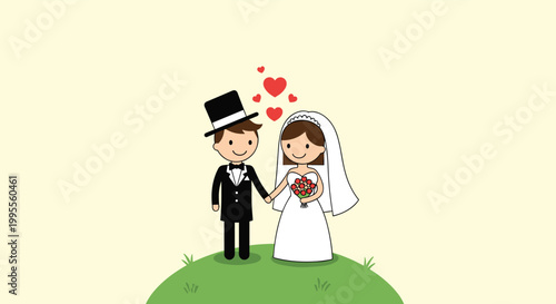 Happy bride and groom holding hands on a green hill with red hearts floating above them for wedding invitations.
