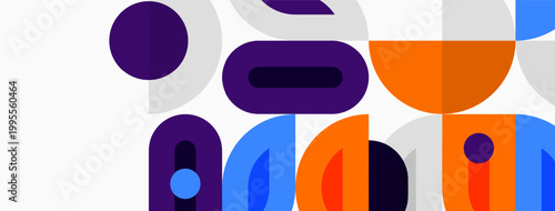 Abstract geometric shapes overlap. Purple, orange, blue hues dominate composition. Minimalist design, modern aesthetic. Clean lines, flat illustration.
