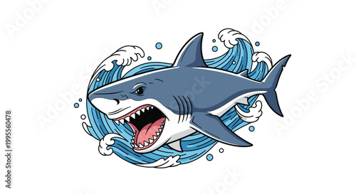 Fierce great white shark swimming with its mouth open through crashing blue ocean waves against a white background.