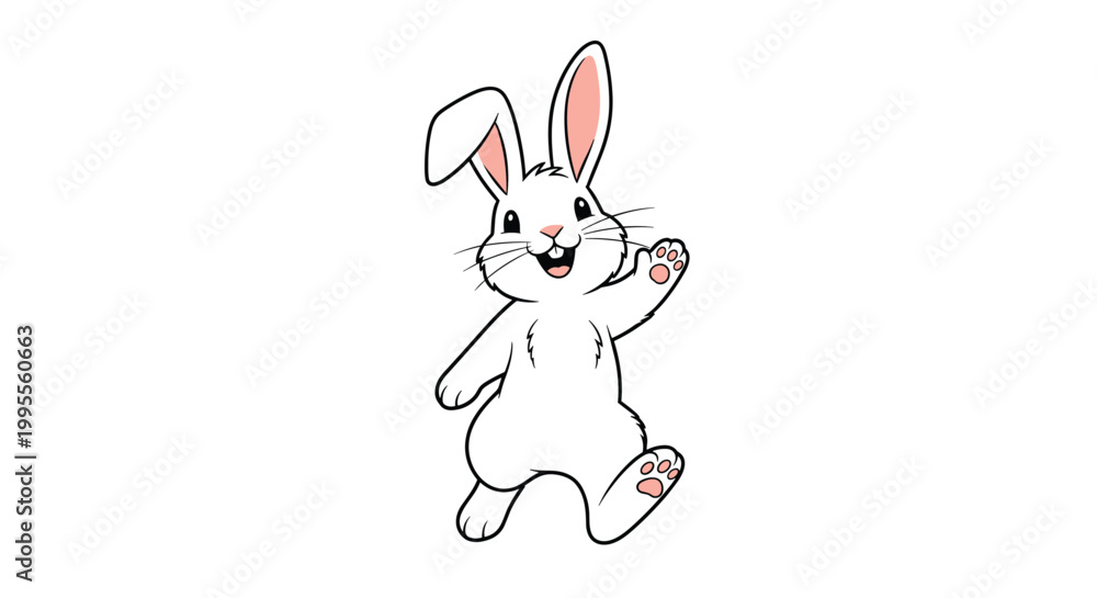 Fototapeta premium Happy white bunny with pink ears and paws waves cheerfully while standing on its hind legs in a friendly character design.