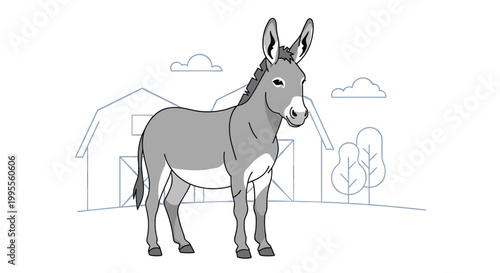 Grey donkey stands calmly in a farmyard with silhouettes of barns and trees under a cloudy sky in a simple flat design style.