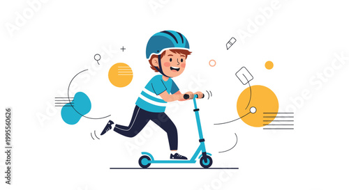 Young boy wearing a safety helmet rides his blue kick scooter with a happy and active expression in a colorful outdoor setting.