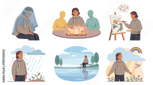 Mental health illustrations show people coping with anxiety and stress through therapy and support