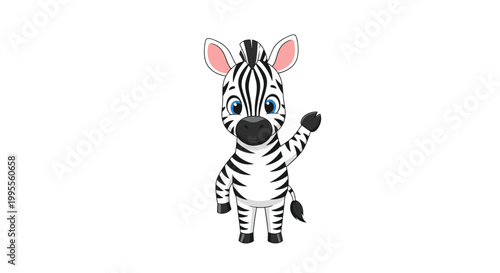 Friendly baby zebra with blue eyes waves its hoof with a happy smile against a white background in a cute character style.