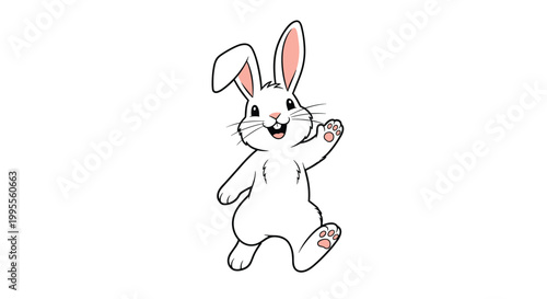 Happy white bunny with pink ears and paws waves cheerfully while standing on its hind legs in a friendly character design.