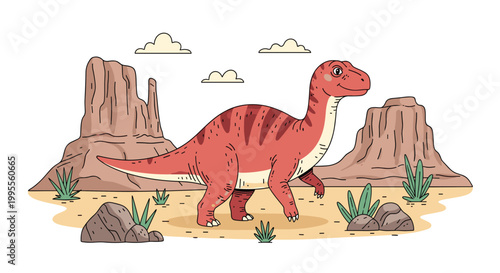 Large red brachiosaurus dinosaur walks through a desert landscape with rock formations and green cacti under a cloudy sky.