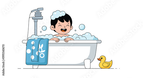 Happy young boy plays with foam and a yellow rubber duck while taking a bubble bath in a white tub during his evening routine.