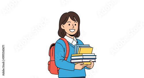 Happy young girl with a red backpack holds a large and heavy stack of books for her school day while smiling against a plain white background.
