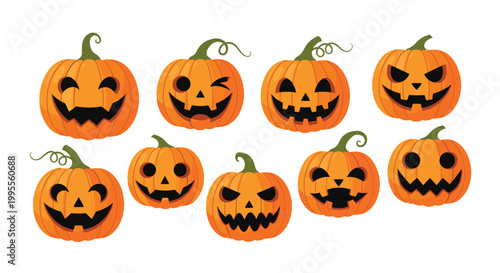 Set of ten diverse Halloween jack-o-lanterns features different carved faces and festive expressions against a simple and clean white background.