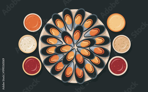 A vibrant circular arrangement of sauces and food on a plate indoors