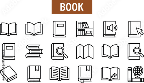 Book and reading icon set featuring open books library shelves study materials and education resources outline vector collection
