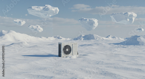 Air conditioner unit placed in snowy landscape with floating clouds  