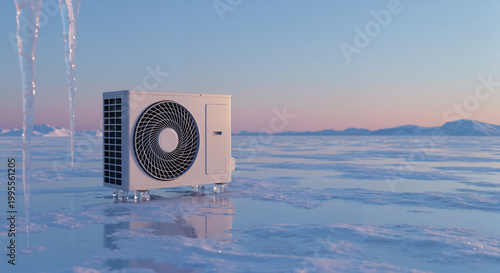 Air conditioning unit placed on ice landscape during winter twilight  