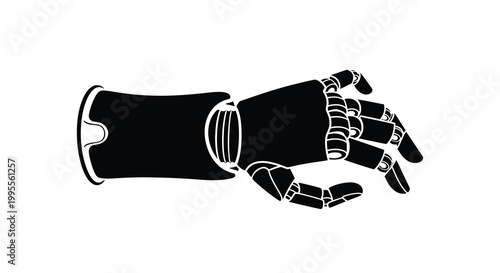 A black and white illustration of a robotic hand with extended fingers