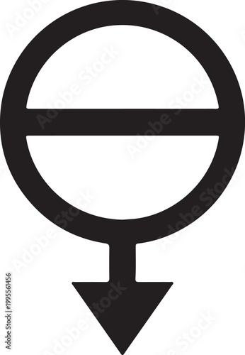 A black and white icon representing the agender gender identity, featuring a circle with a horizontal bar and a downward arrow.