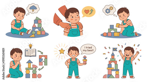 A young boy experiences anxiety and stress while building with blocks