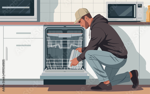 A man in a kitchen crouches to inspect the dishwasher interior closely.
