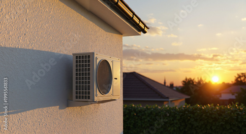 Outdoor air conditioning unit mounted on wall at sunset
